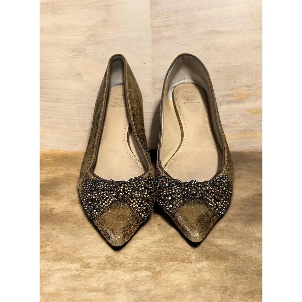 Tory Burch Azalea Jeweled Bow Flats Metallic Gold Women's Size 10.5 Luxury
